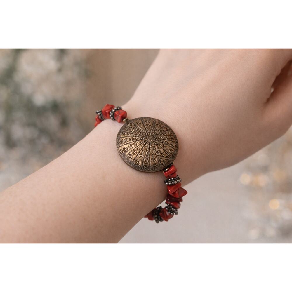 Coral Bracelet with Sea Urchin, Statement Bracelet, Red Coral Coastal Jewelry